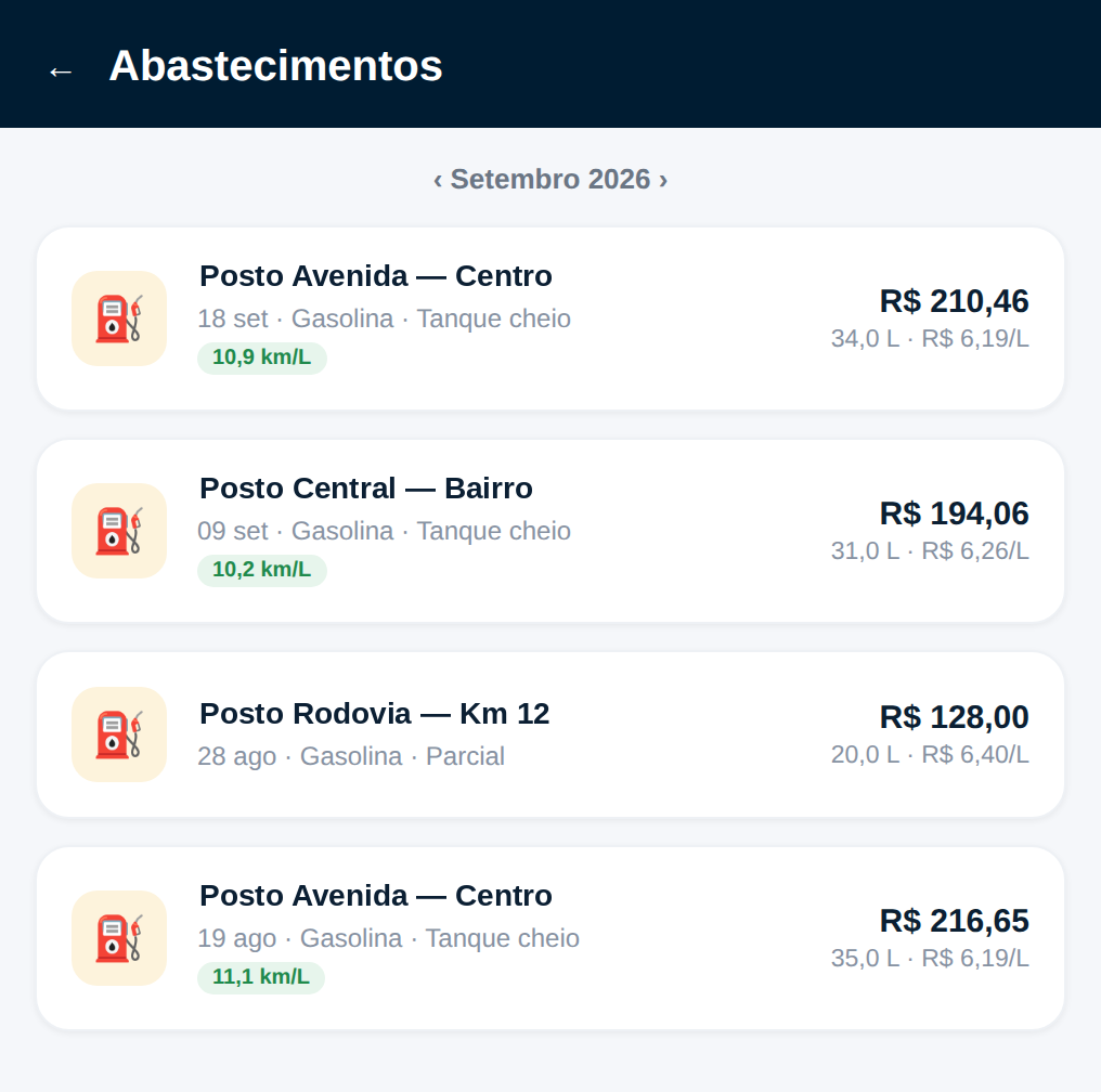 Lista de abastecimentos com litros, valor pago e consumo por tanque no MyCarApp